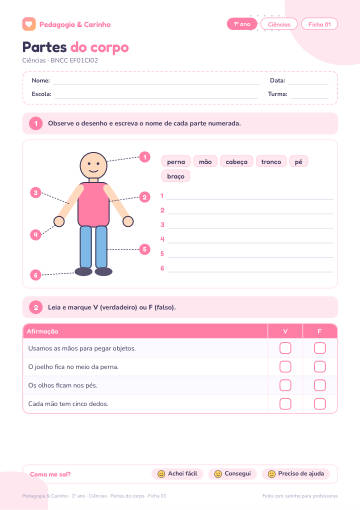 Prévia: Partes do corpo – Ciências 1º ano, ficha 1