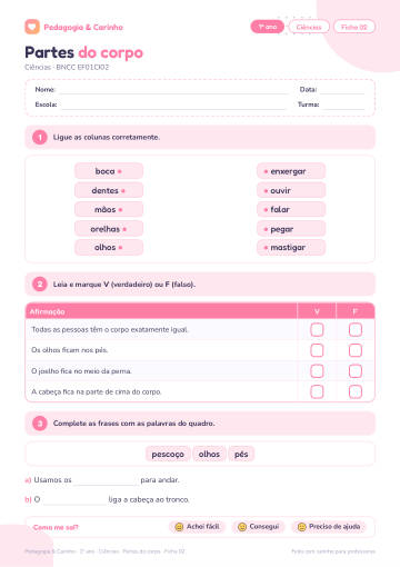 Prévia: Partes do corpo – Ciências 1º ano, ficha 2