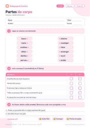 Prévia: Partes do corpo – Ciências 1º ano, ficha 3