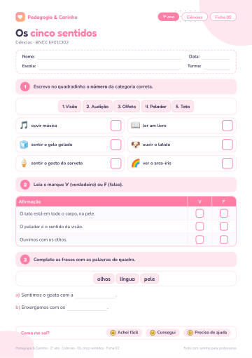 Prévia: Os cinco sentidos – Ciências 1º ano, ficha 2
