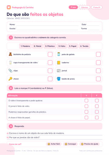 Prévia: Do que são feitos os objetos – Ciências 1º ano, ficha 1