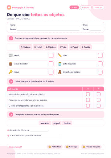 Prévia: Do que são feitos os objetos – Ciências 1º ano, ficha 2