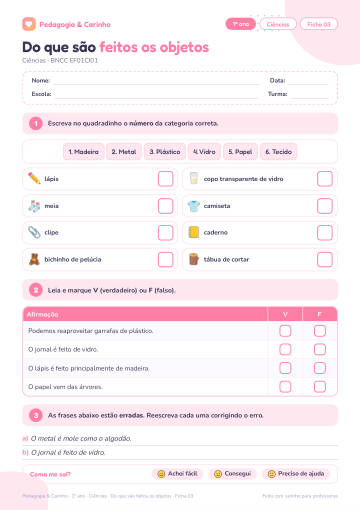 Prévia: Do que são feitos os objetos – Ciências 1º ano, ficha 3