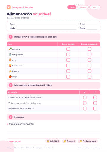Prévia: Alimentação saudável – Ciências 1º ano, ficha 1