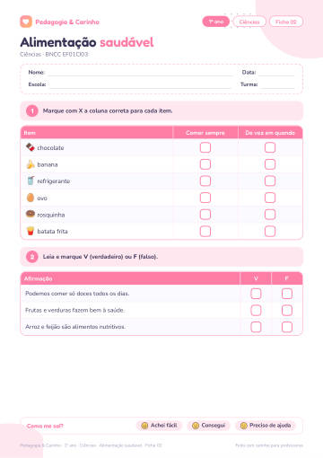 Prévia: Alimentação saudável – Ciências 1º ano, ficha 2