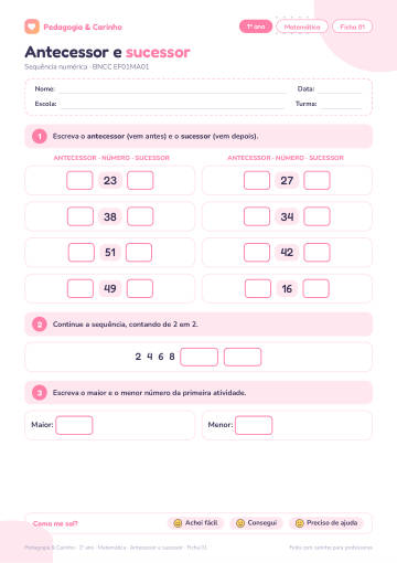 Prévia: Antecessor e sucessor – Matemática 1º ano, ficha 1