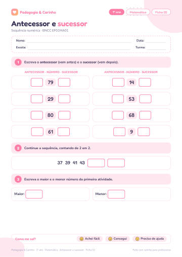 Prévia: Antecessor e sucessor – Matemática 1º ano, ficha 2
