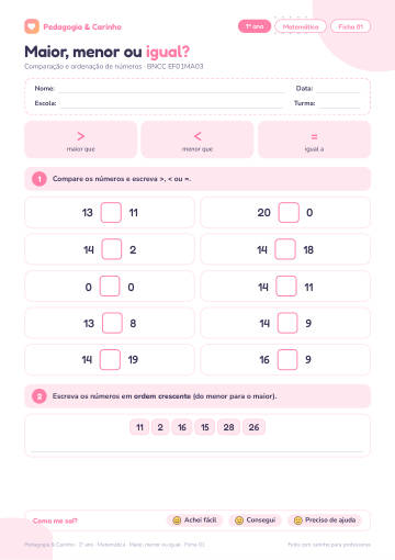 Prévia: Maior, menor ou igual? – Matemática 1º ano, ficha 1