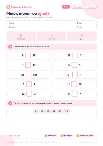 Prévia: Maior, menor ou igual? – Matemática 1º ano, ficha 2