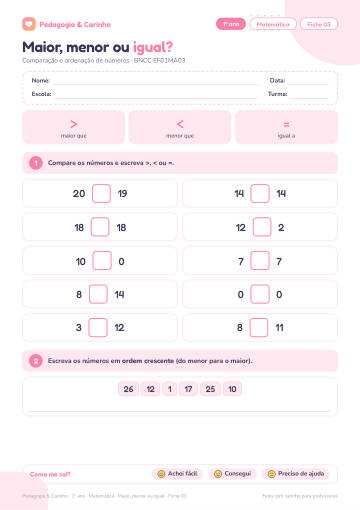 Prévia: Maior, menor ou igual? – Matemática 1º ano, ficha 3