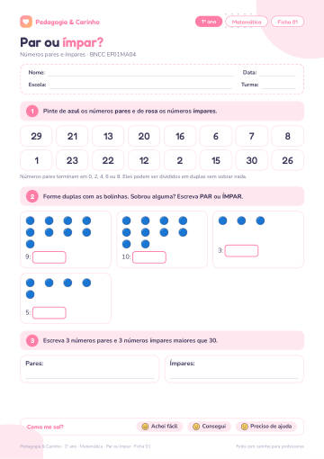 Prévia: Par ou ímpar? – Matemática 1º ano, ficha 1