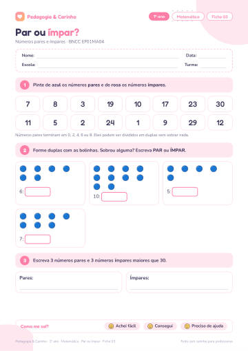 Prévia: Par ou ímpar? – Matemática 1º ano, ficha 3