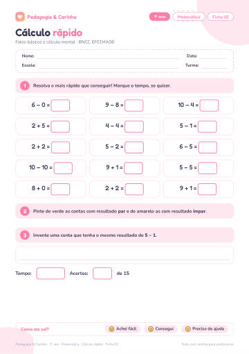 Prévia: Cálculo rápido – Matemática 1º ano, ficha 2