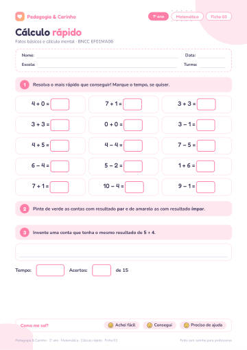 Prévia: Cálculo rápido – Matemática 1º ano, ficha 3