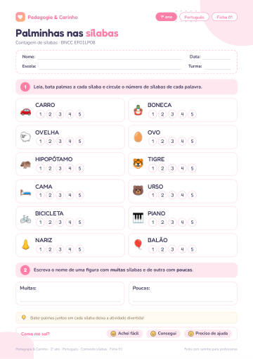 Prévia: Contando sílabas – Português 1º ano, ficha 1