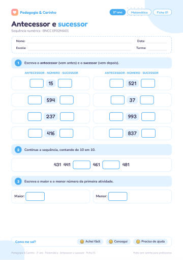 Prévia: Antecessor e sucessor – Matemática 2º ano, ficha 1