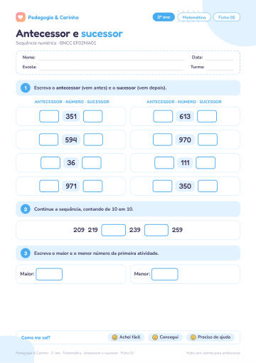 Prévia: Antecessor e sucessor – Matemática 2º ano, ficha 2