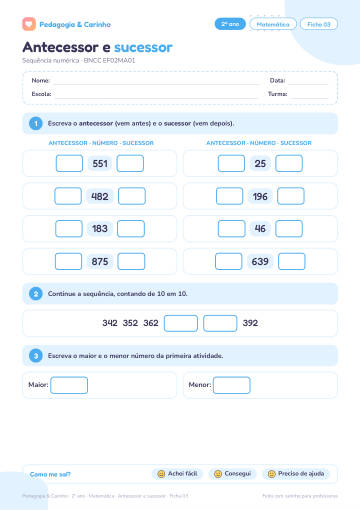 Prévia: Antecessor e sucessor – Matemática 2º ano, ficha 3