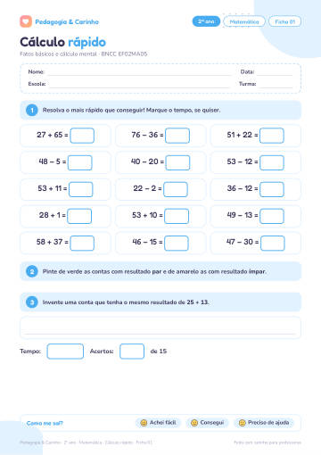 Prévia: Cálculo rápido – Matemática 2º ano, ficha 1