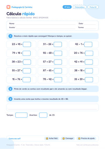 Prévia: Cálculo rápido – Matemática 2º ano, ficha 3
