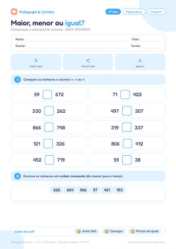 Prévia: Comparar e ordenar – Matemática 2º ano, ficha 1