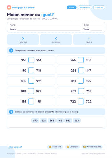 Prévia: Comparar e ordenar – Matemática 2º ano, ficha 2