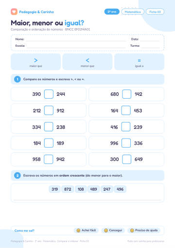 Prévia: Comparar e ordenar – Matemática 2º ano, ficha 3
