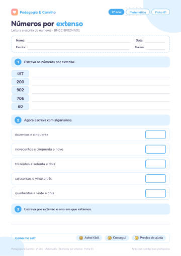 Prévia: Números por extenso – Matemática 2º ano, ficha 1