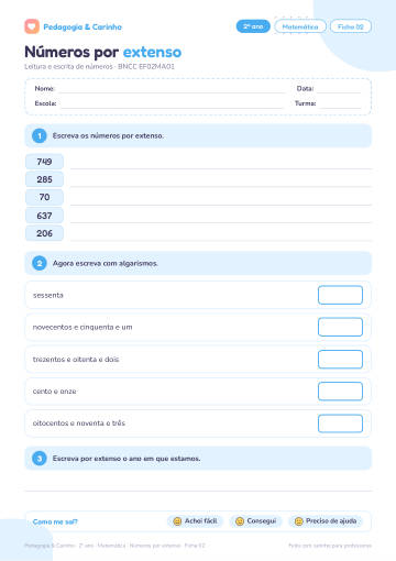 Prévia: Números por extenso – Matemática 2º ano, ficha 2