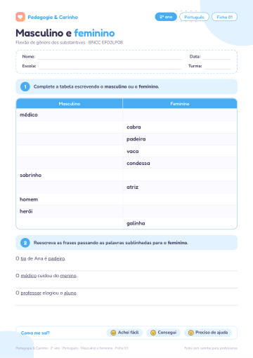 Prévia: Masculino e feminino – Português 2º ano, ficha 1