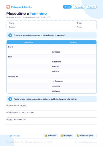 Prévia: Masculino e feminino – Português 2º ano, ficha 3