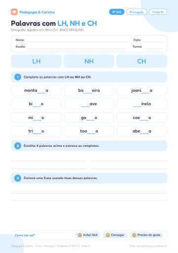 Prévia: Ortografia LH NH CH – Português 2º ano, ficha 1