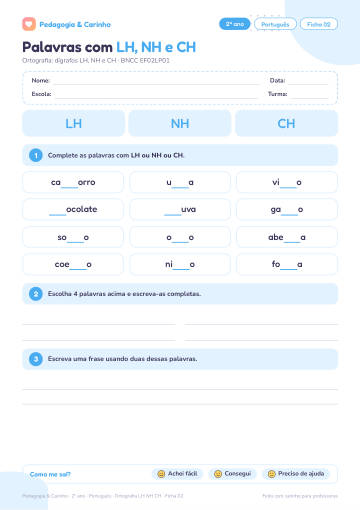 Prévia: Ortografia LH NH CH – Português 2º ano, ficha 2