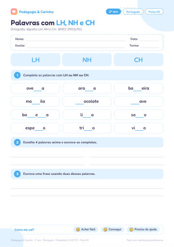 Prévia: Ortografia LH NH CH – Português 2º ano, ficha 3