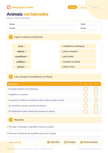 Prévia: Animais vertebrados – Ciências 3º ano, ficha 1