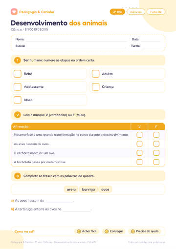 Prévia: Desenvolvimento dos animais – Ciências 3º ano, ficha 2
