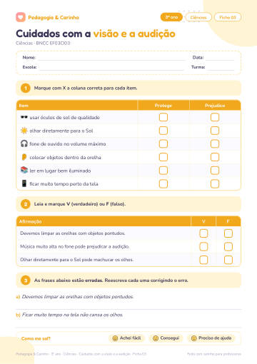 Prévia: Cuidados com a visão e a audição – Ciências 3º ano, ficha 3