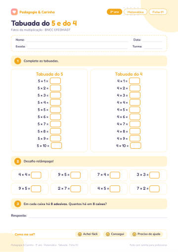 Prévia: Tabuada do 5 e do 4 – Matemática 3º ano, ficha 1