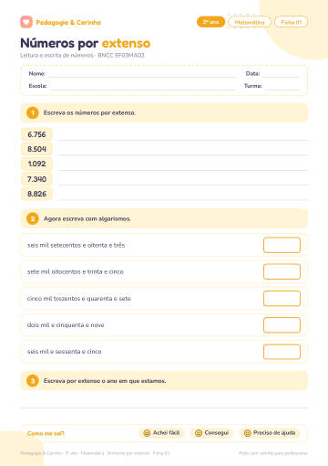 Prévia: Números por extenso – Matemática 3º ano, ficha 1