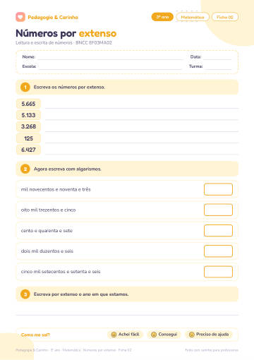 Prévia: Números por extenso – Matemática 3º ano, ficha 2