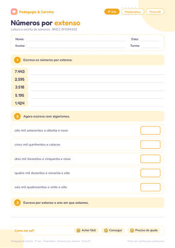 Prévia: Números por extenso – Matemática 3º ano, ficha 3