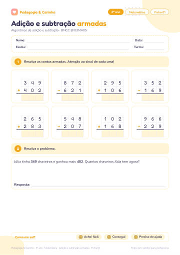 Prévia: Adição e subtração armadas – Matemática 3º ano, ficha 1
