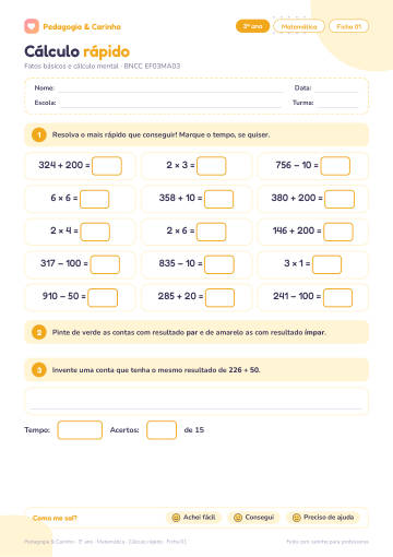 Prévia: Cálculo rápido – Matemática 3º ano, ficha 1