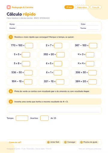 Prévia: Cálculo rápido – Matemática 3º ano, ficha 2