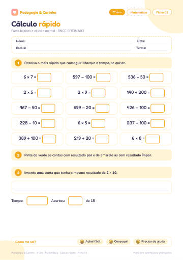 Prévia: Cálculo rápido – Matemática 3º ano, ficha 3