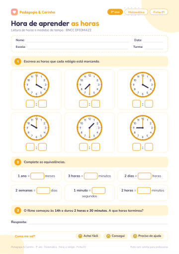 Prévia: Horas e relógio – Matemática 3º ano, ficha 1