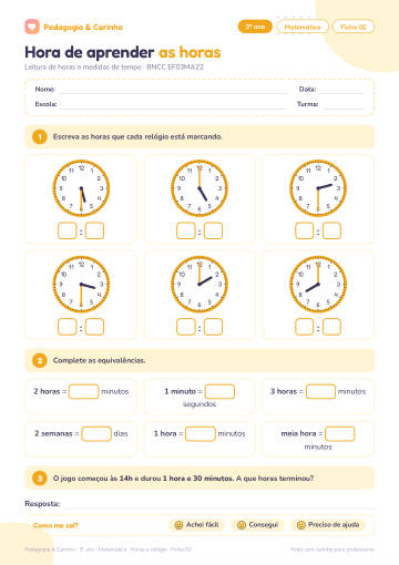 Prévia: Horas e relógio – Matemática 3º ano, ficha 2
