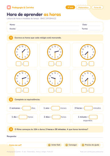 Prévia: Horas e relógio – Matemática 3º ano, ficha 3