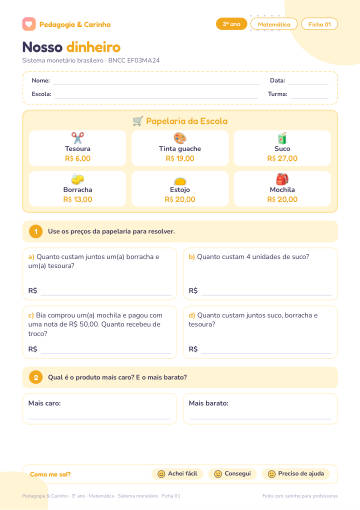 Prévia: Sistema monetário – Matemática 3º ano, ficha 1
