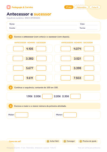 Prévia: Antecessor e sucessor – Matemática 3º ano, ficha 1